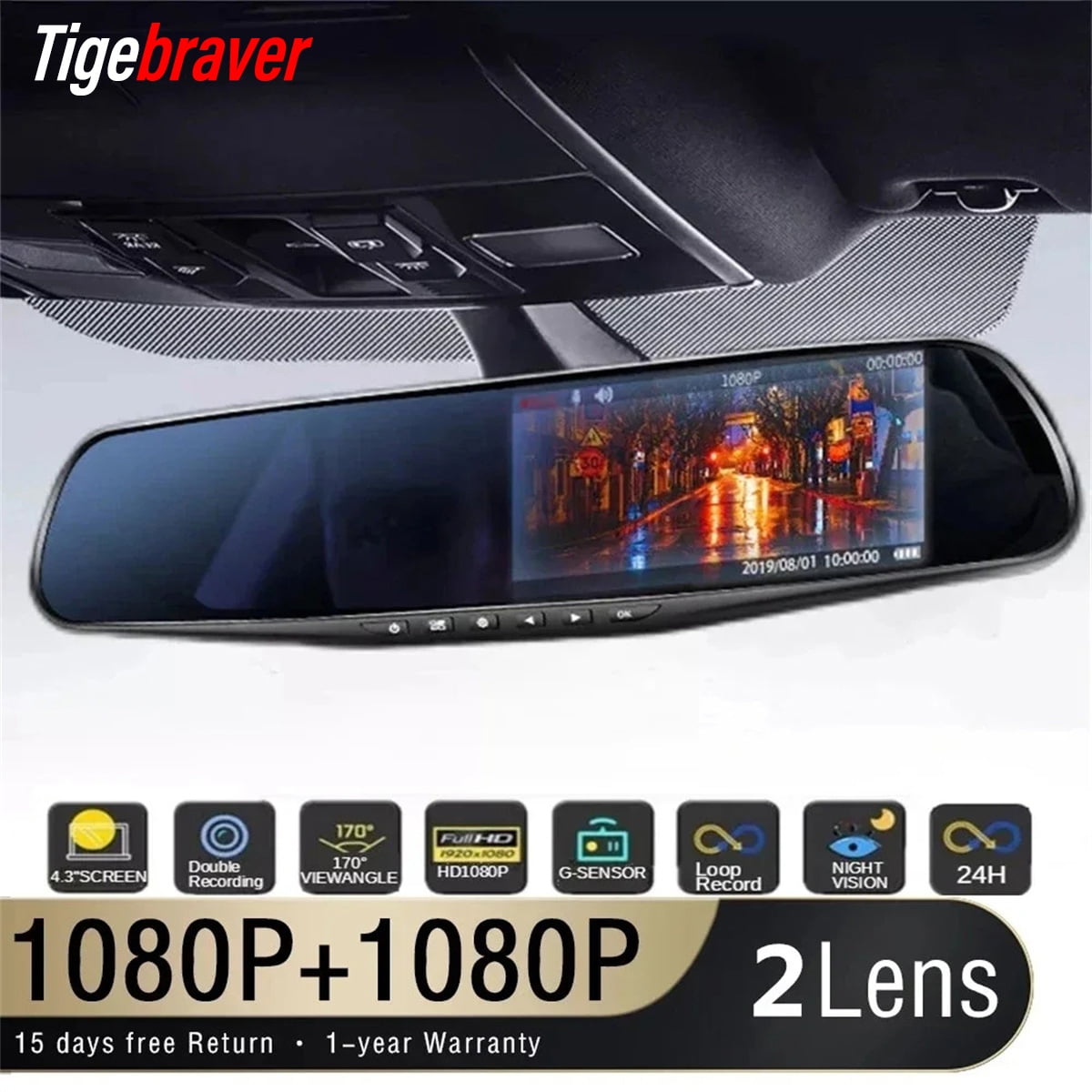 Tigebraver Rearview Mirror Driving Recorder 4.3 Inch 1080P Dual Lens Dash Cam Front and Rear Car Camera with 24H Parking Mode
