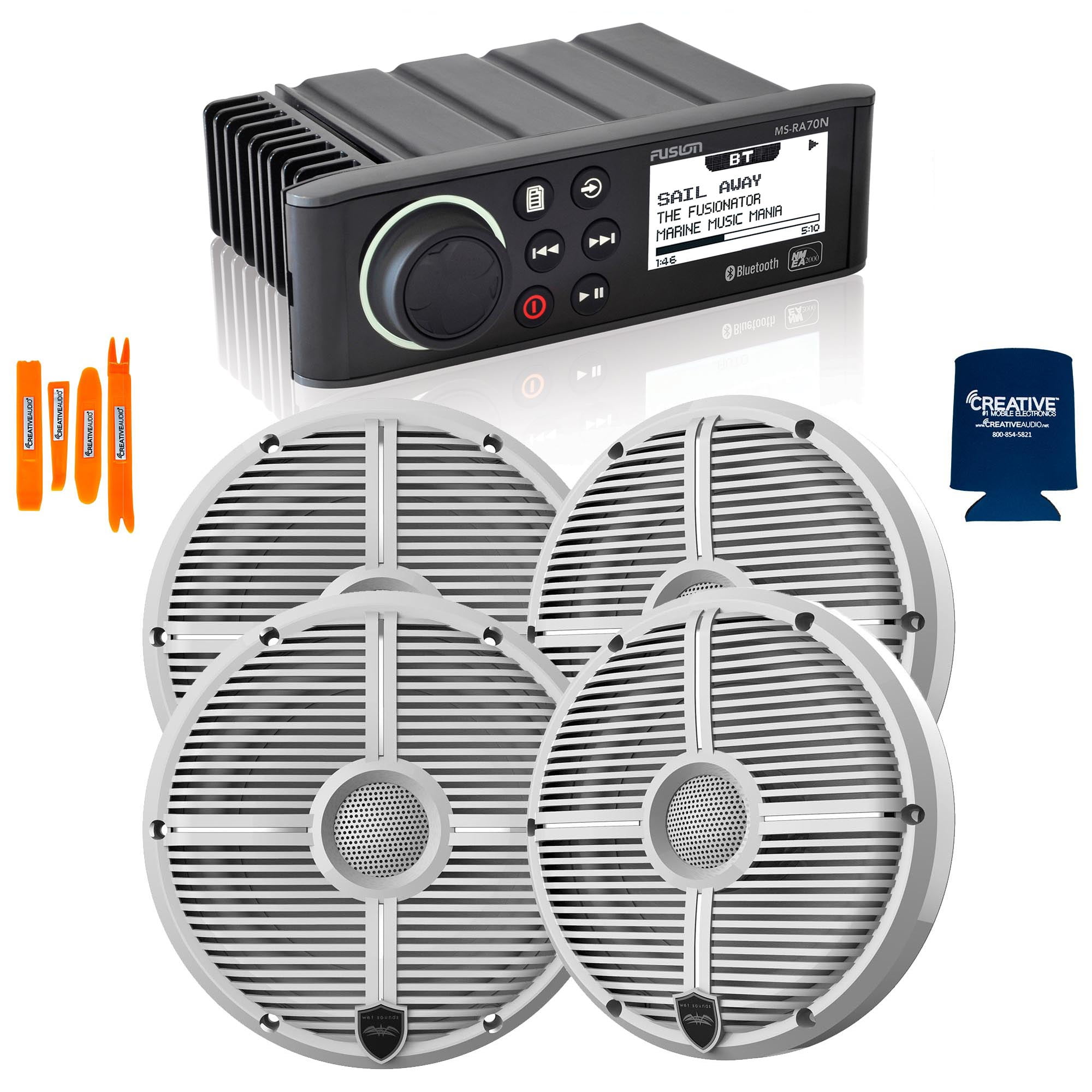 Fusion MSRA70N Marine AM/FM/BT/NEMA2000 Stereo with 2 Pair Wet Sounds RECON 6XWW High Output 6
