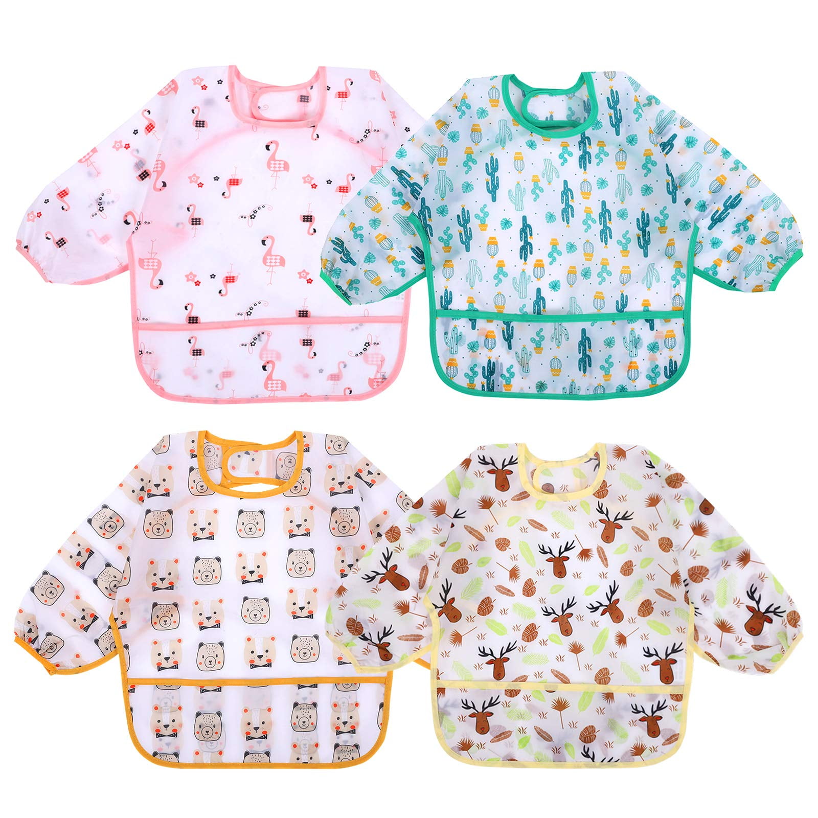 Kiddopark 4 Pack Long Sleeve Baby Bibs, Waterproof Sleeved Bib, Toddler Soft Bib for 6-24 Months