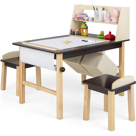 Kids Art Table and Chair Set Wooden Drawing Painting Craft Center with Paper Roll 2 Markers 2 Storage Bins Kids Activity Play Table with 2 Stools for Boys Girls Ages 3+ (Brown)