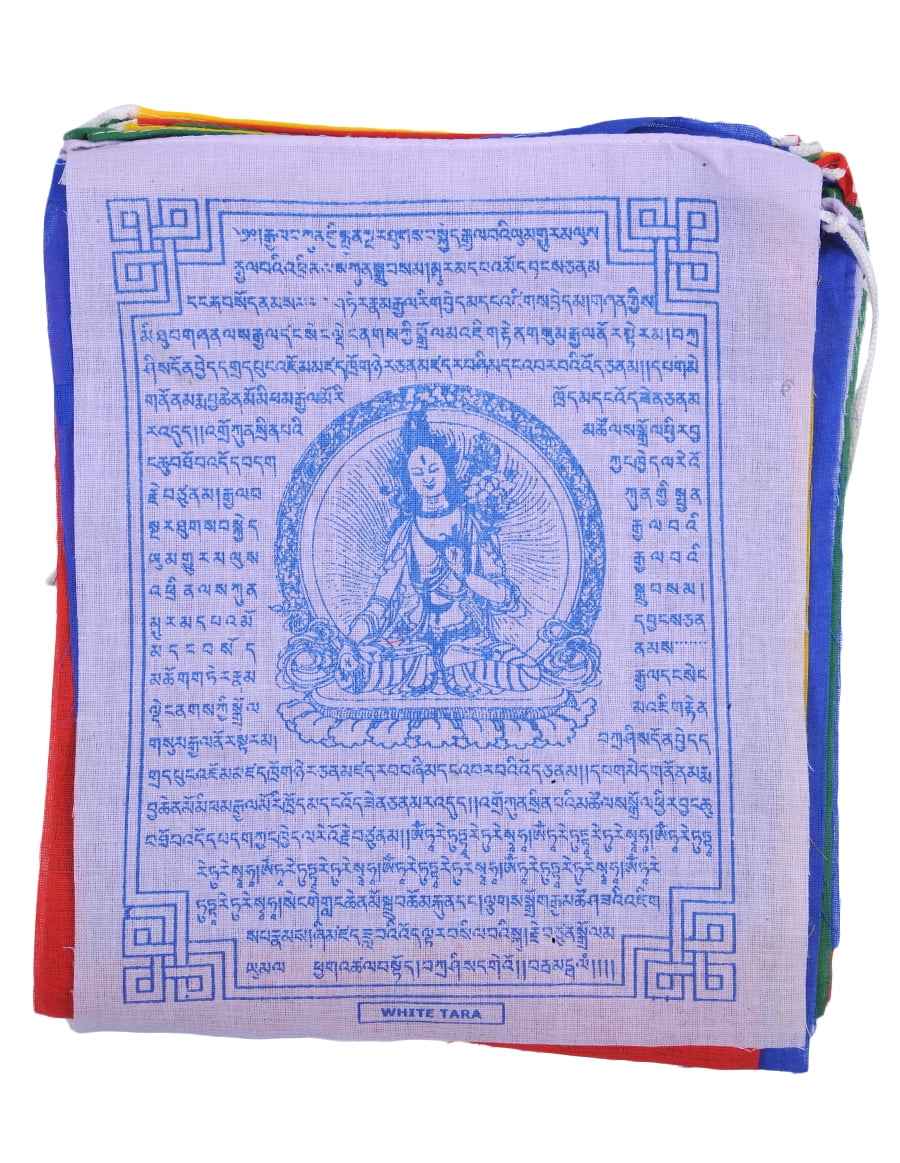 The Collection Royal Tibetan Prayer Flags Outdoor, Zen Flag, Colorful Buddhist Banner, Chakras Flags, Sacred Geometry Flag, Made in Nepal Wind Horse Flag, Traditional Mantras  (White Tara)
