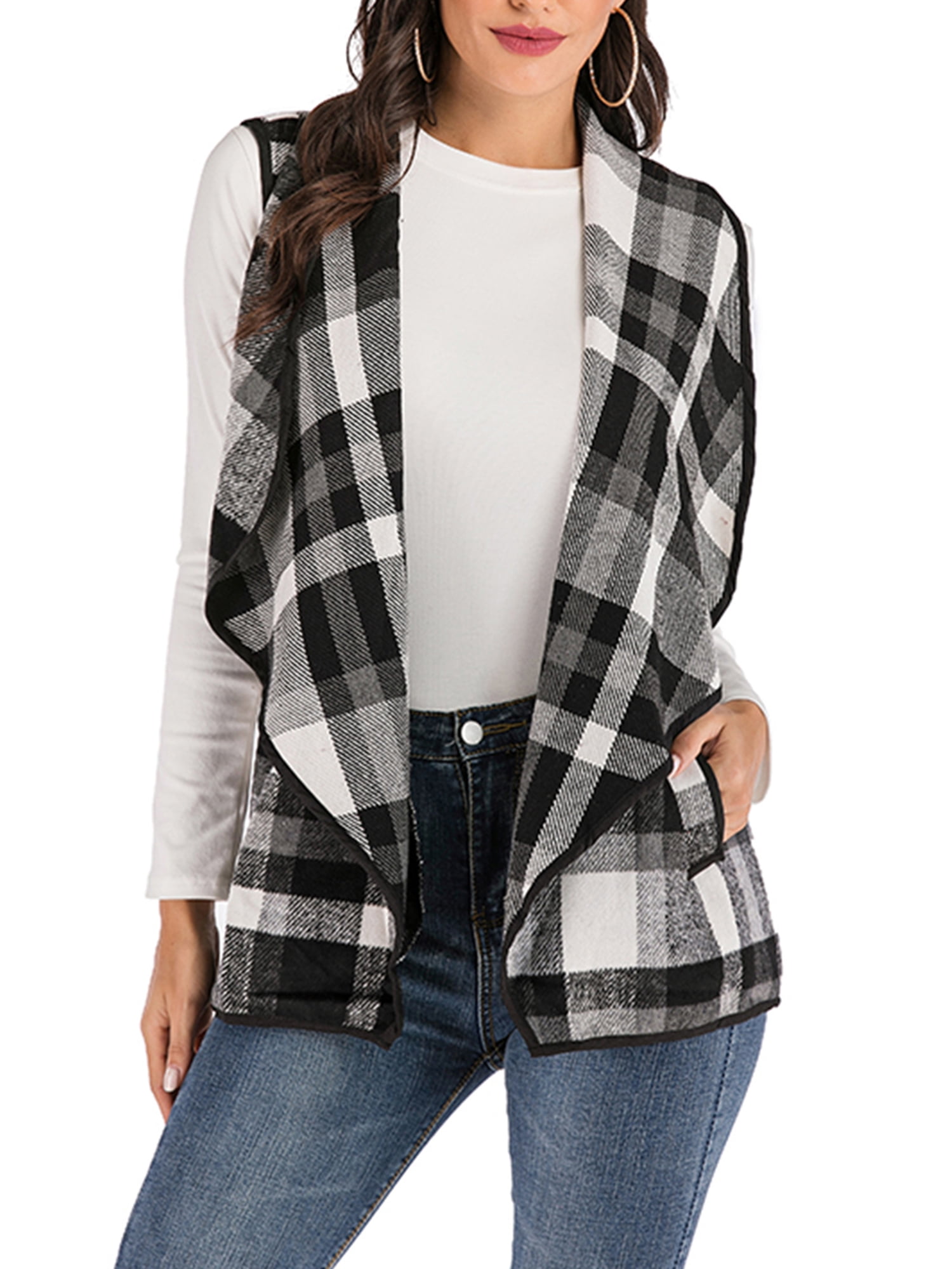 SAYFUT Womens Open Front Plaid Cardigan 