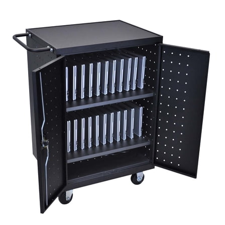 Ergode Steel Rolling Vertical Charging Cart Stores up to 24 Laptop or Chromebook with Rubber-Coated Dividers, Bottom Storage Shelf and Locking Door - Black