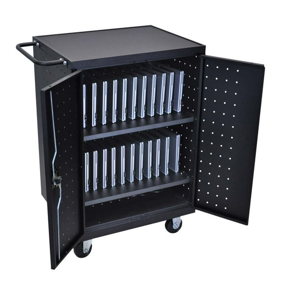 Ergode Steel Rolling Vertical Charging Cart Stores up to 24 Laptop or Chromebook with Rubber-Coated Dividers, Bottom Storage Shelf and Locking Door - Black