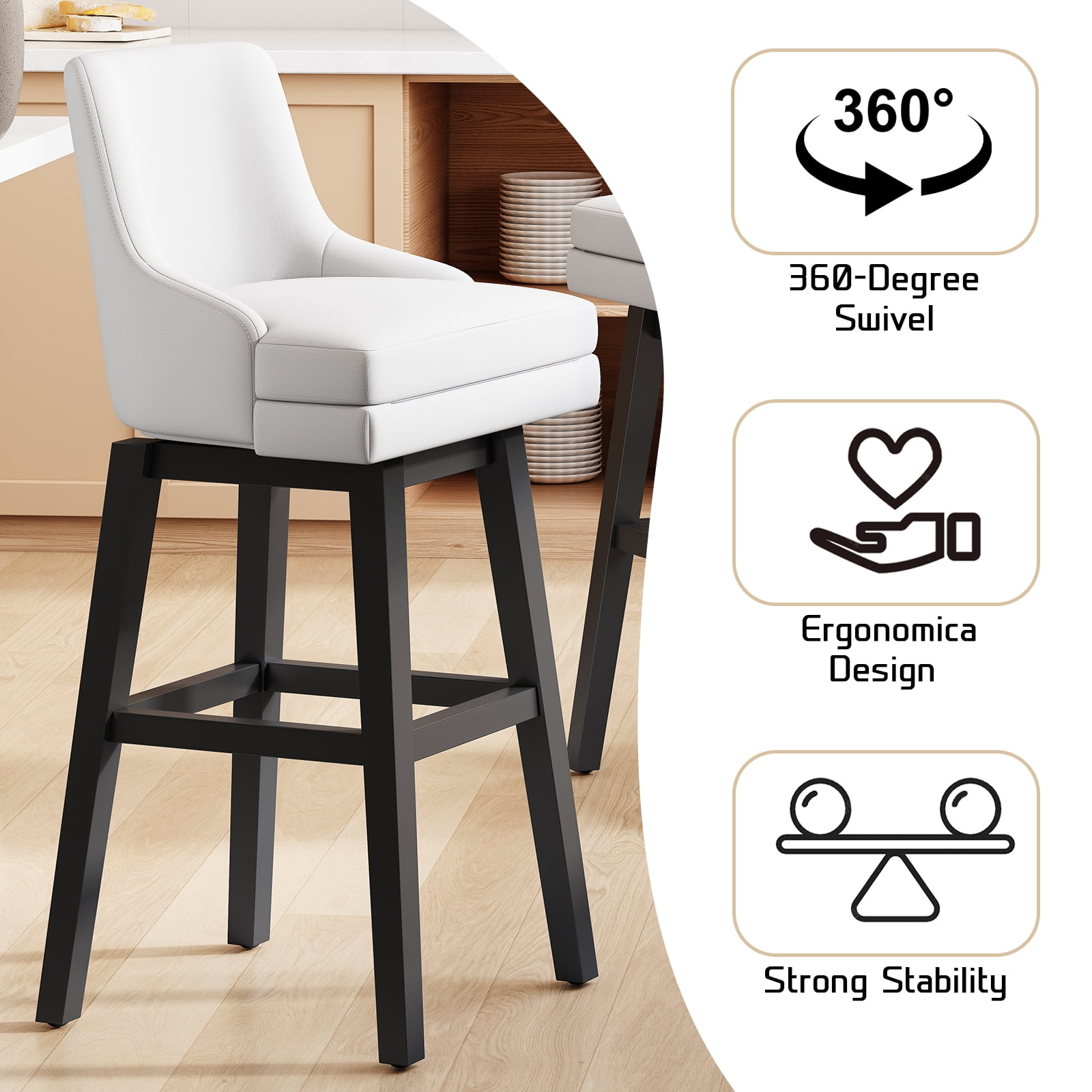 Ninecer 26" Counter Height Bar Stools, Swivel Bar Stools with Back, Modern Bar Chairs, Barstools with Footrest, White (Set of 4)