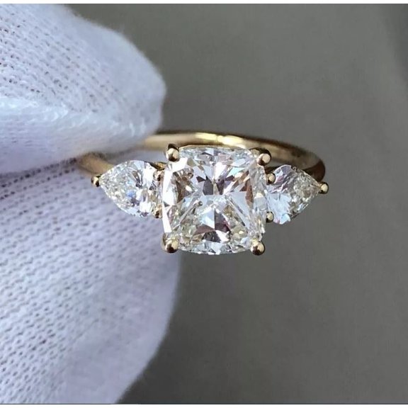 4Ct Cushion Cut Simulated Diamond 3 Stone Wedding Ring 14k Yellow Gold Plated