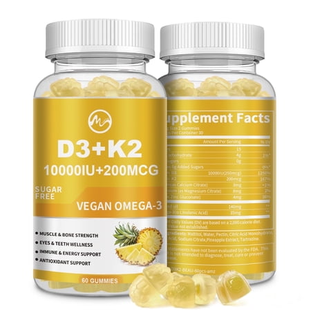 Vitamin D3 + K2 Gummy Supplements,10000iu Vitamin D with 200mcg Mk7 Vitamin K, Supports Calcium for Stronger Bones & Immune Health,60 Gummies for Adults