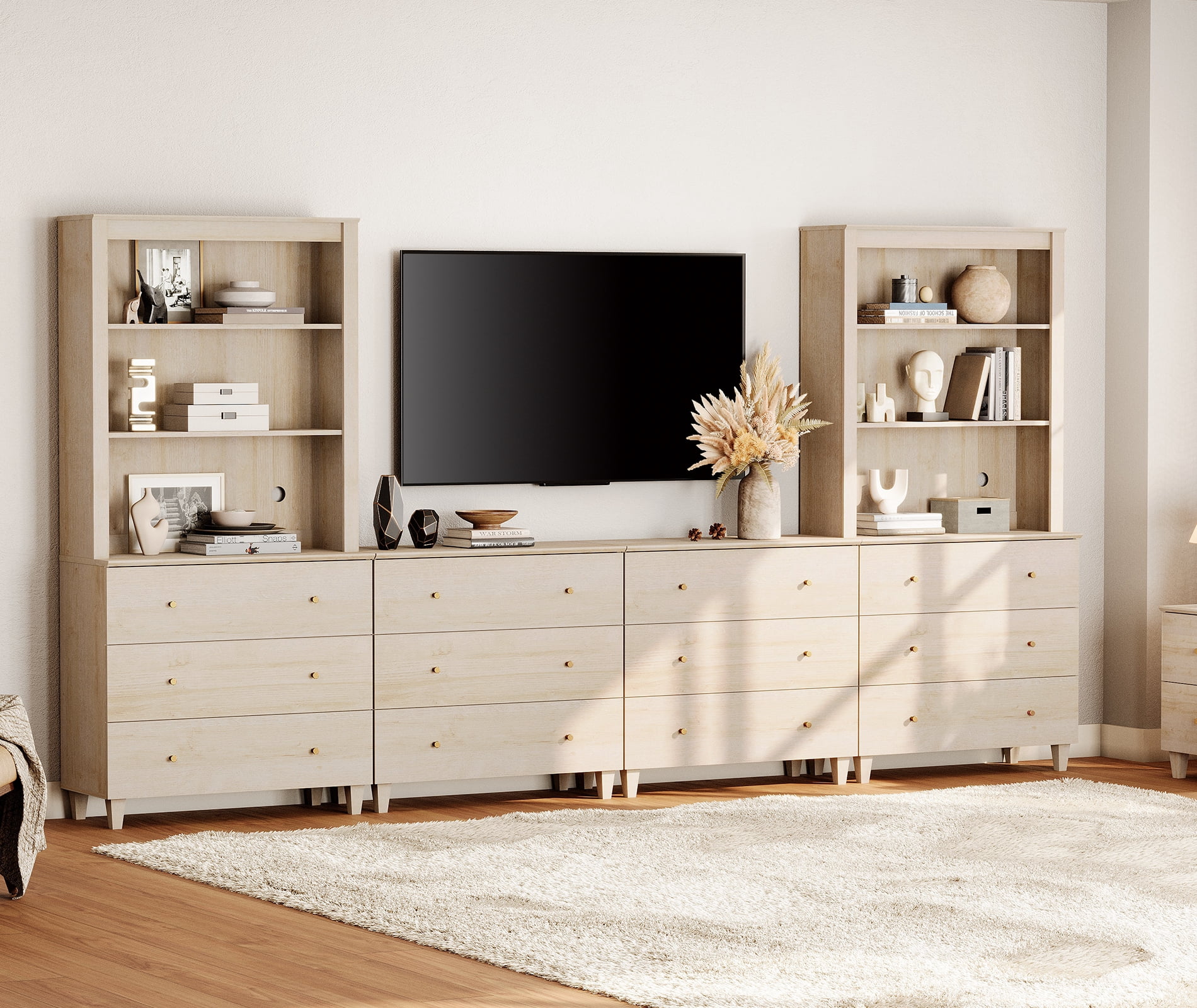 WAMPAT Entertainment Center for 75 Inches TVs with Bookshelves & Drawers, Light Oak