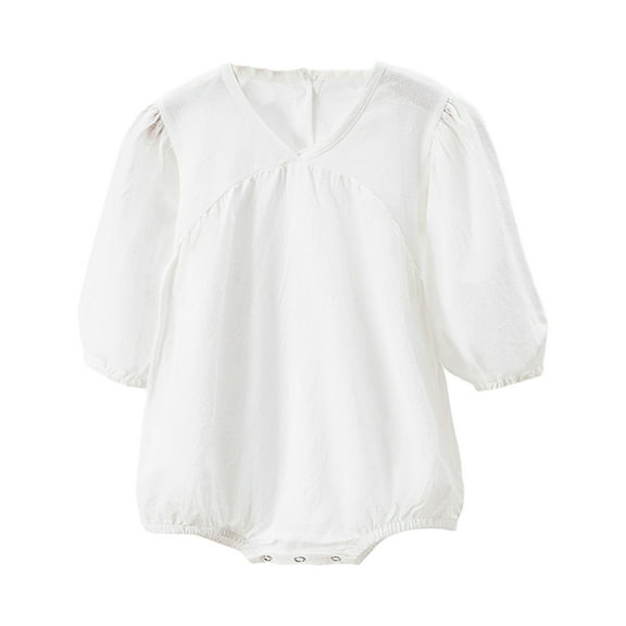 AJTQTH Cute Solid Romper for Girls Infant Toddler Comfy Loose Fit V-Neck Jumpsuit Robe Playsuit Summer Casual Clothes for Sleep Home Bath Beach White 12 Months