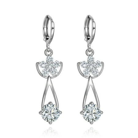 Magical Super Star Flower and Cute Tear Drop Snow White Sparkling Crystals Silver-Tone Fashion Earrings
