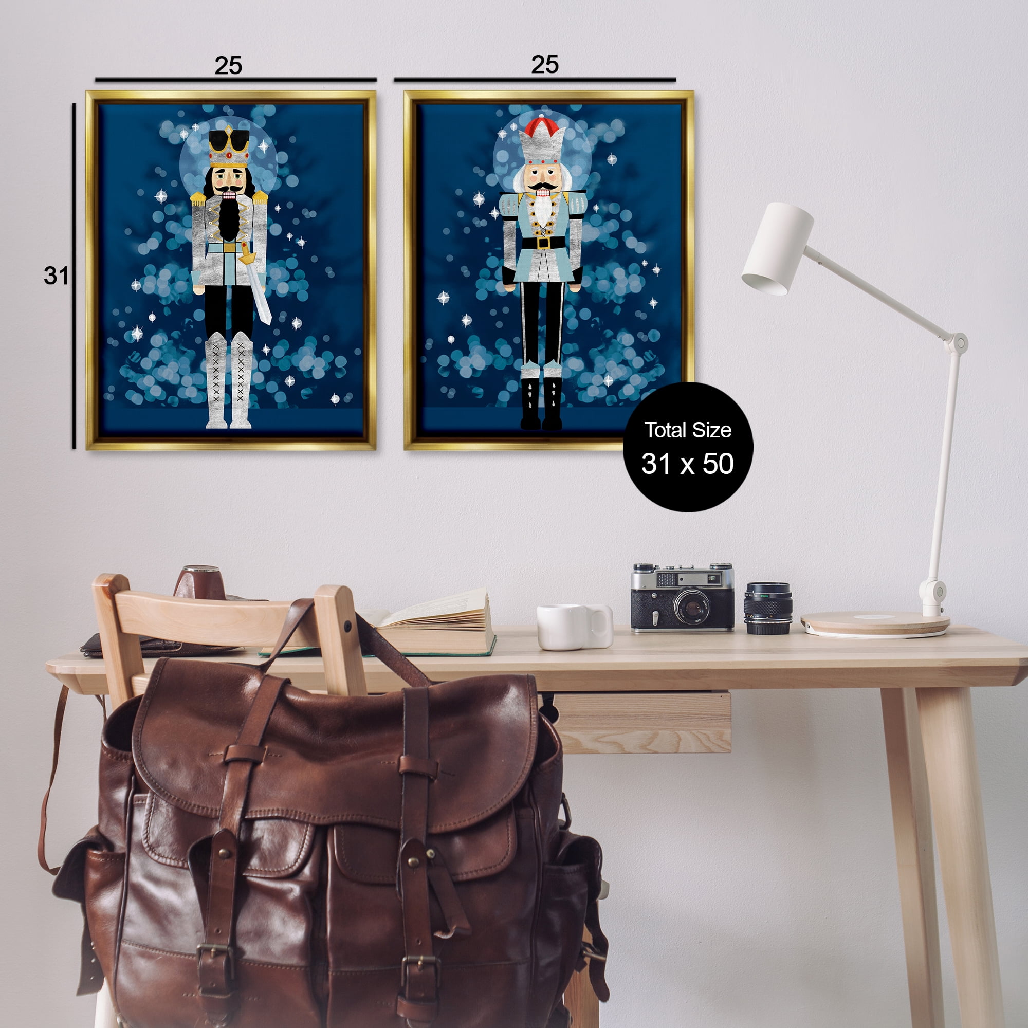 Stupell Industries Blue Nutcracker Figures Holiday Painting Gold Floater Framed Canvas Art Print Wall Art, 31 x 25, Set of 2