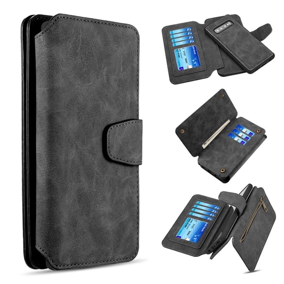 Bemz Clutch Series Compatible with Samsung Galaxy S10, PU Leather Wallet with Magnetic Detachable Case, 7 Card Slots, Zipper Pocket and Atom Cloth - Black