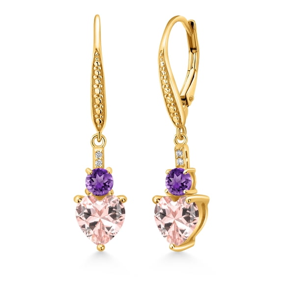 Gem Stone King 18K Yellow Gold Plated Silver Peach Nano Morganite Purple Amethyst and White Lab Grown Diamond Drop Dangle Earrings for Women (3.03 Cttw, Heart Shape 7MM, Round 4MM)