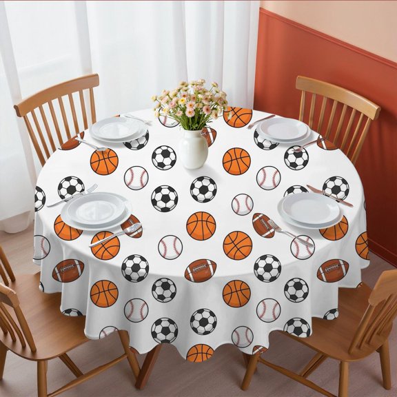 Football and Basketball White Pattern Round Tablecloth 70"x70", Wrinkle Resistant Wipeable Table Cover for Kitchen Dining Room Picnic Patio and Party