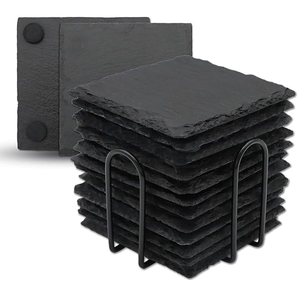 wonima44 12 Pack Slate Drink Coasters with Metal Holder, 4 Inch Black Slate Stone Coasters Bulk Laser Engraving Blanks with Anti-Scratch Bottom for Drink Coffee Bar Kitchen Home Decor, Square
