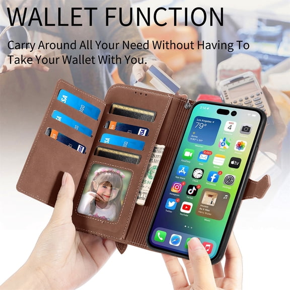 For iPhone 12 Pro / 12 (6.1", 2020 release) Flip Wallet Case with Wrist Strap, Multiple Card Slots, Zippered Pocket, Stand, Cute Embossed Flower Protective Lightweight PU Leather Shell Cover, Brown