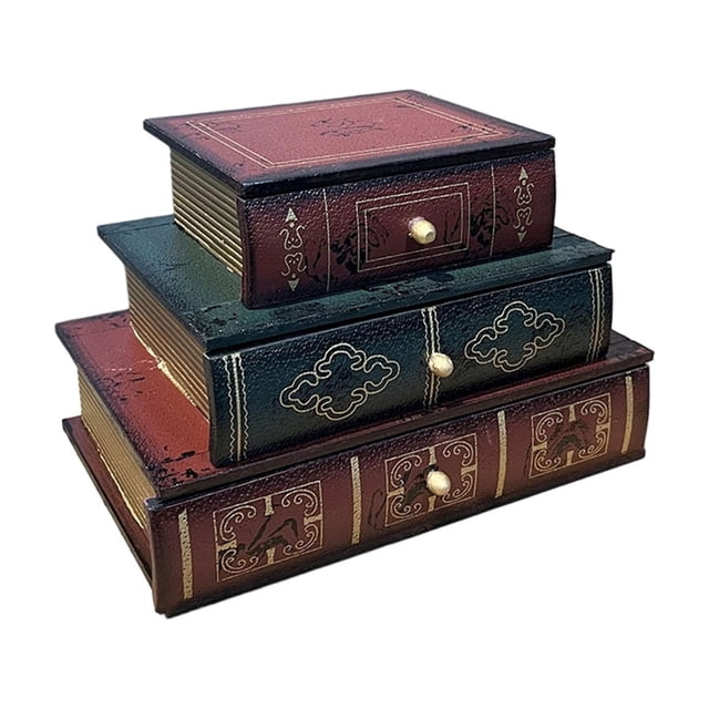 Vintage Style Simulation Book Organizer Box, Wooden Fake Book Decor with Pull-Out Drawer for Office Shelf.