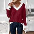 thumbnail image 2 of Sexlip Womens Contrast Trim Sweater V Neck Design Warm Fabric Relaxed Silhouette for Fall Outings Red XL, 2 of 7