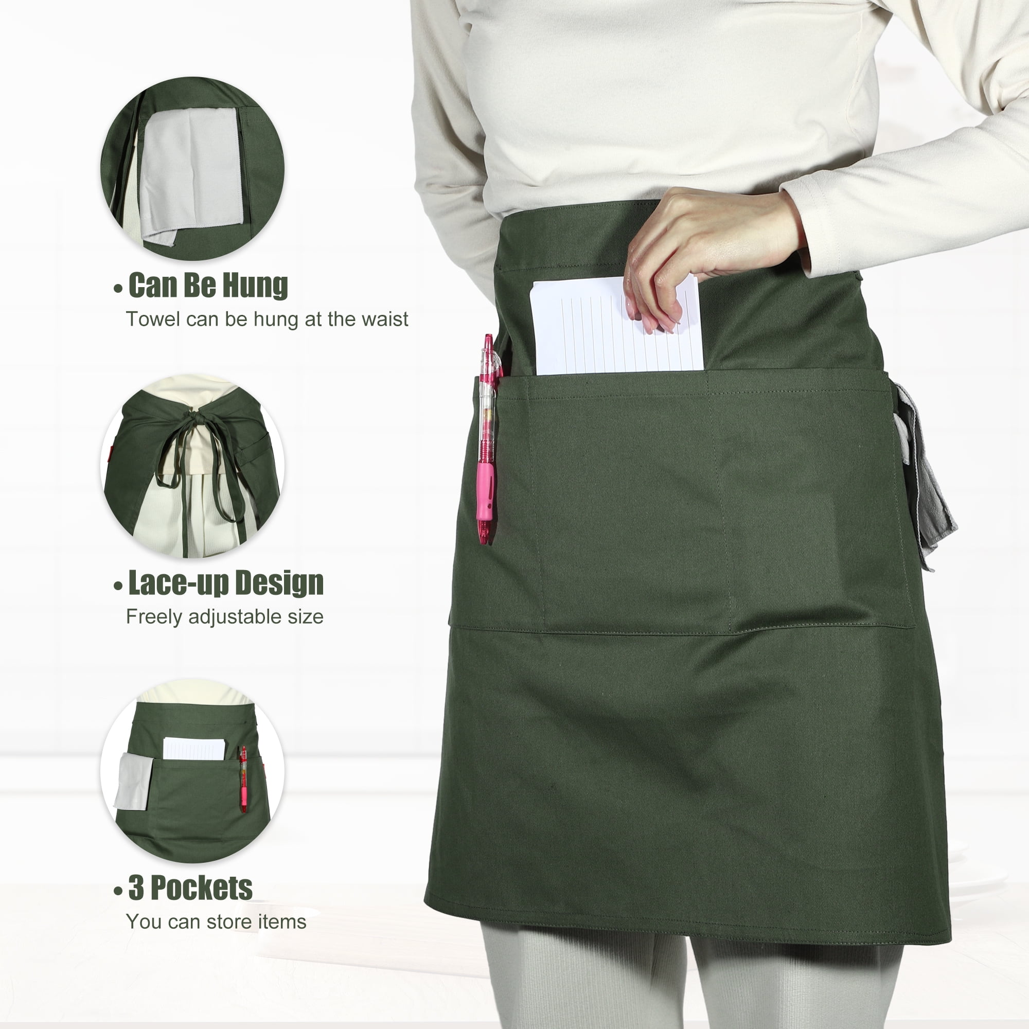 Unique Bargains Serving Cooking Versatile Waist Apron with Pockets Army Green