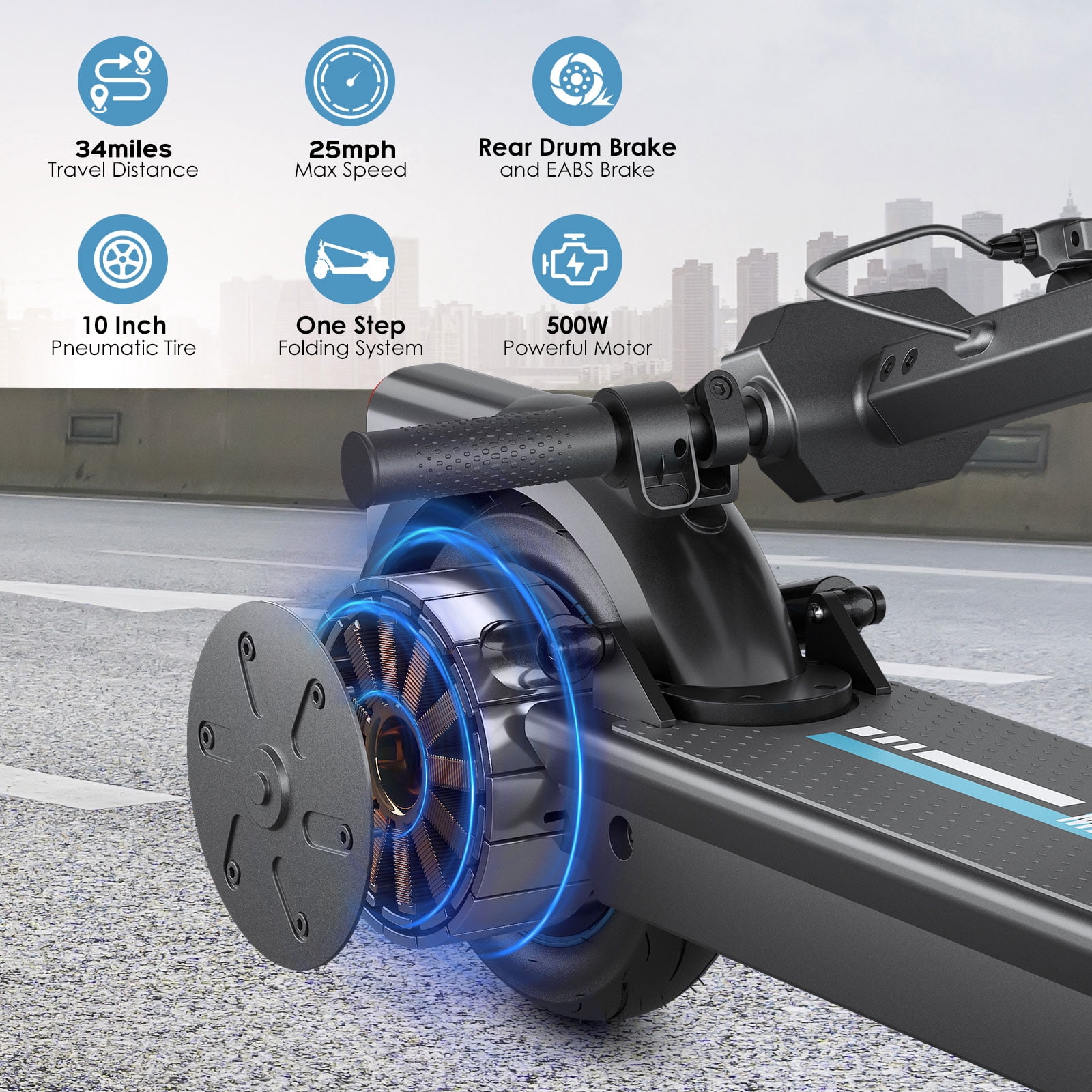 500W Motor Electric Scooter 10" Solid Tires, up to 25MPH and 30Miles Long-Range Portable Commuting Scooter