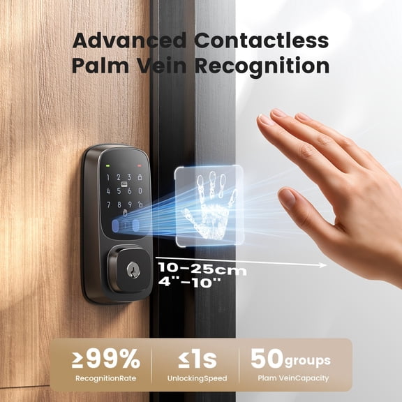 Palm Vein Smart Keyless Entry Door Lock, WiFi Deadbolt with Keypad, Auto‑Lock, Voice Control, Works with Alexa & Google Assistant, Rechargeable Battery Powered