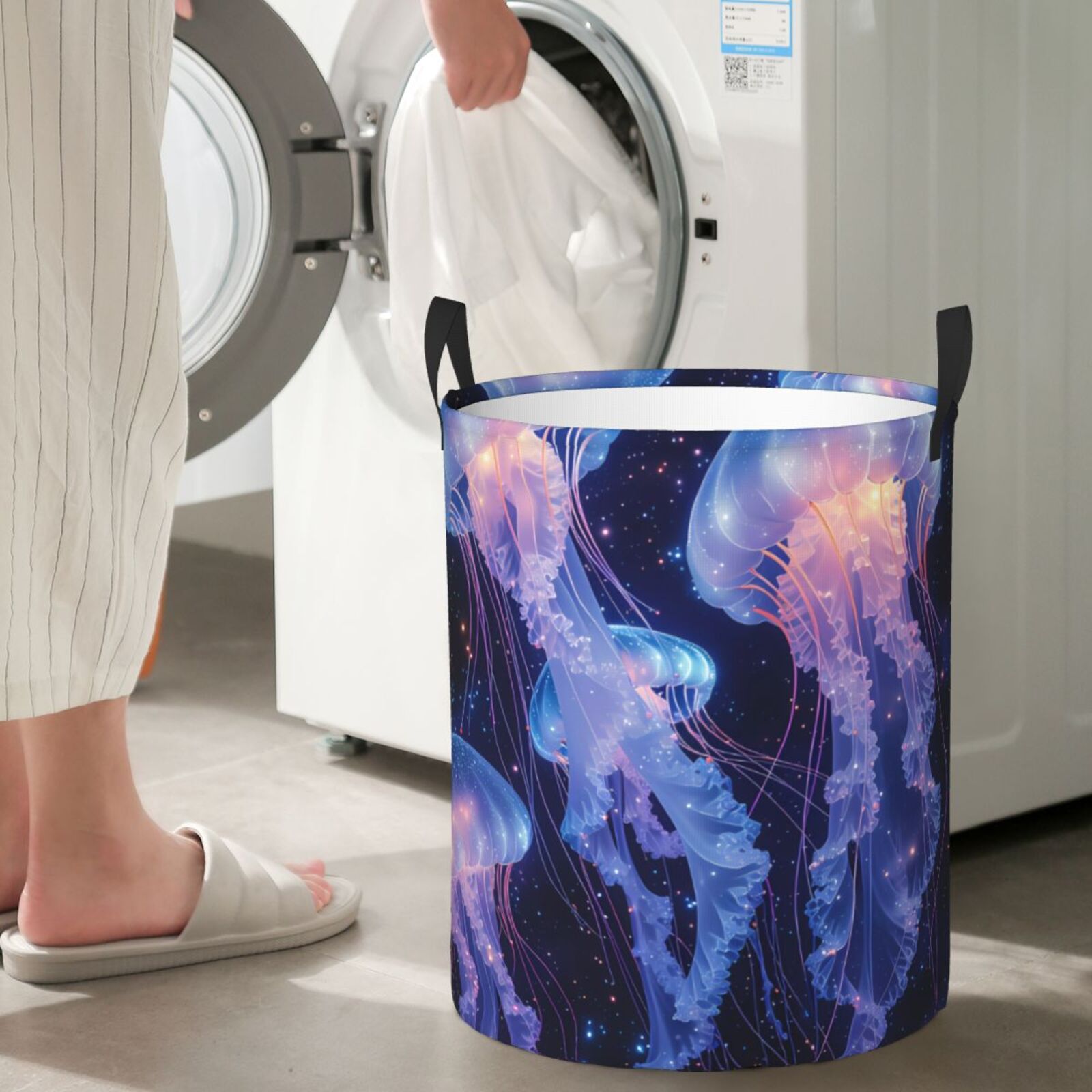 Large Laundry Basket with Handles - Floating Space Jellyfish A Kids Baby Dirty Clothes Laundry Hamper for Bedroom Aesthetic