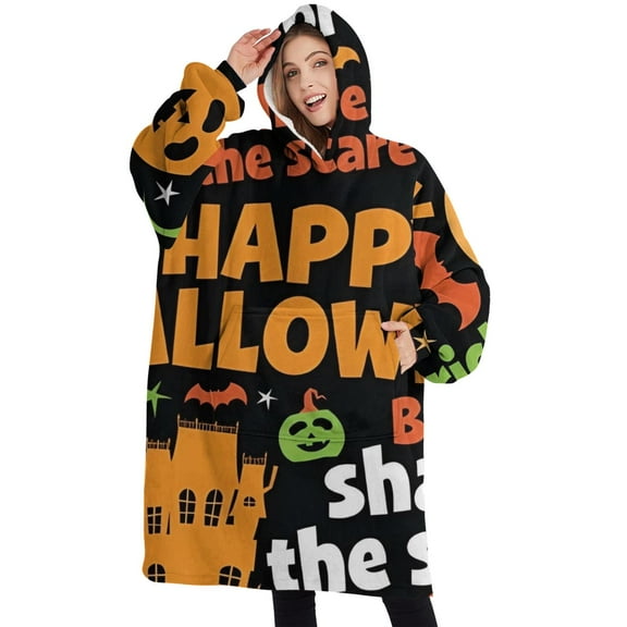 Oversized Wearable Blanket Hoodie,Halloween Festive Text Pattern Sherpa Blanket Hoodie with Super Pockets,Super Warm Fuzzy Pullover for Women & Men