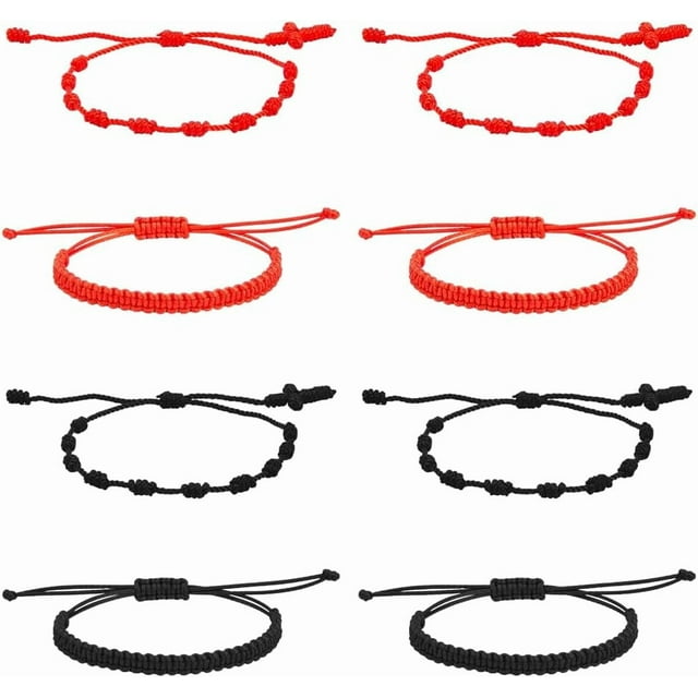 8 pulseras de cuerda roja de 4 estilos, unisex, de la amistad, con nudo ajustable, de la suerte, de protección y a juego.