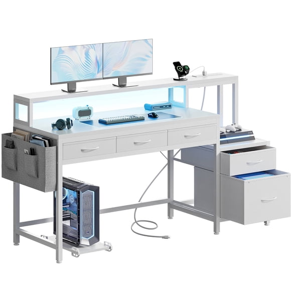 GUNAITO Bureau de 61 Pouces pour Bureau à Domicile avec Lumières DEL et Prise de Courant, Bureau d'Ordinateur Moderne avec Long Support pour Moniteur, Bureau de Jeu avec 5 Tiroirs, Fibre de Carbone Blanche