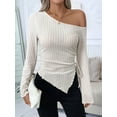 thumbnail image 4 of Women'S Y2K One Off the Shoulder Fitted Knit Top Asymmetrical Bell Long Sleeve Top Apricot M, 4 of 9