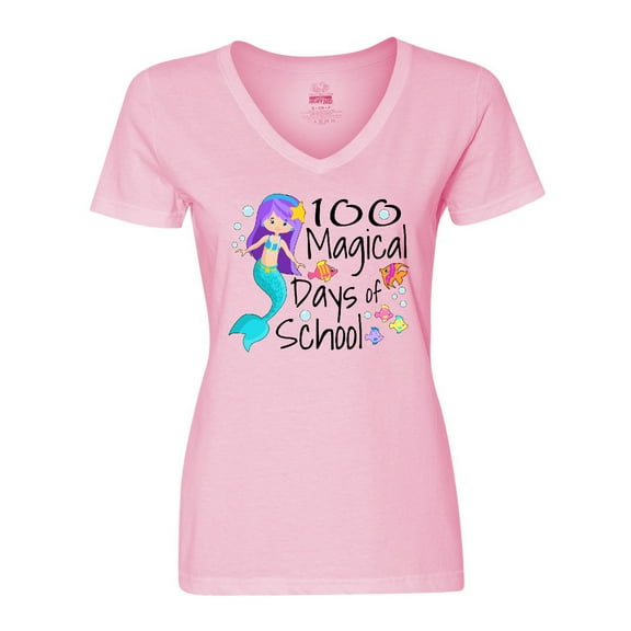 Inktastic 100 Magical Days of School with Blue Mermaid and Fish Women's V-Neck T-Shirt