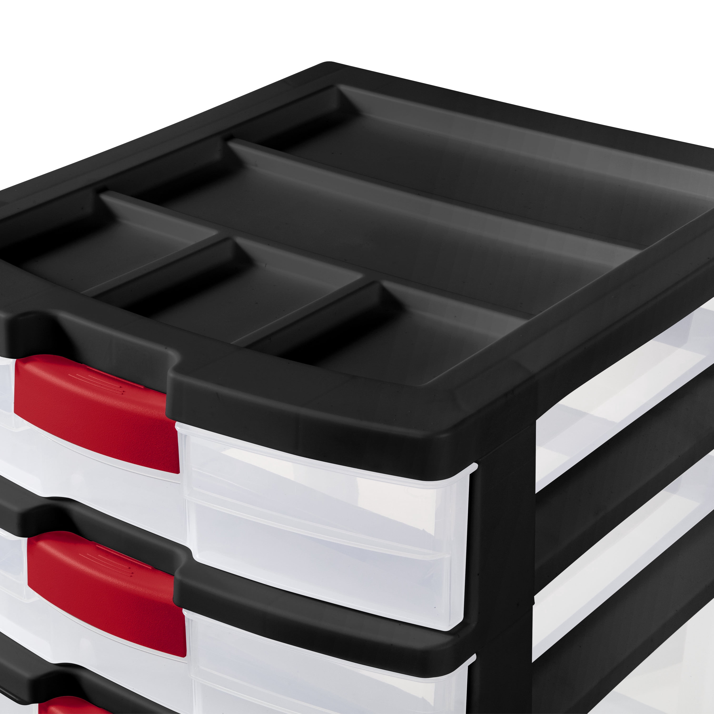 (2 pack) Sterilite 4 Drawer Heavy Duty Locking Tower, Clear Plastic Latch Drawers with Divided Lid, Black