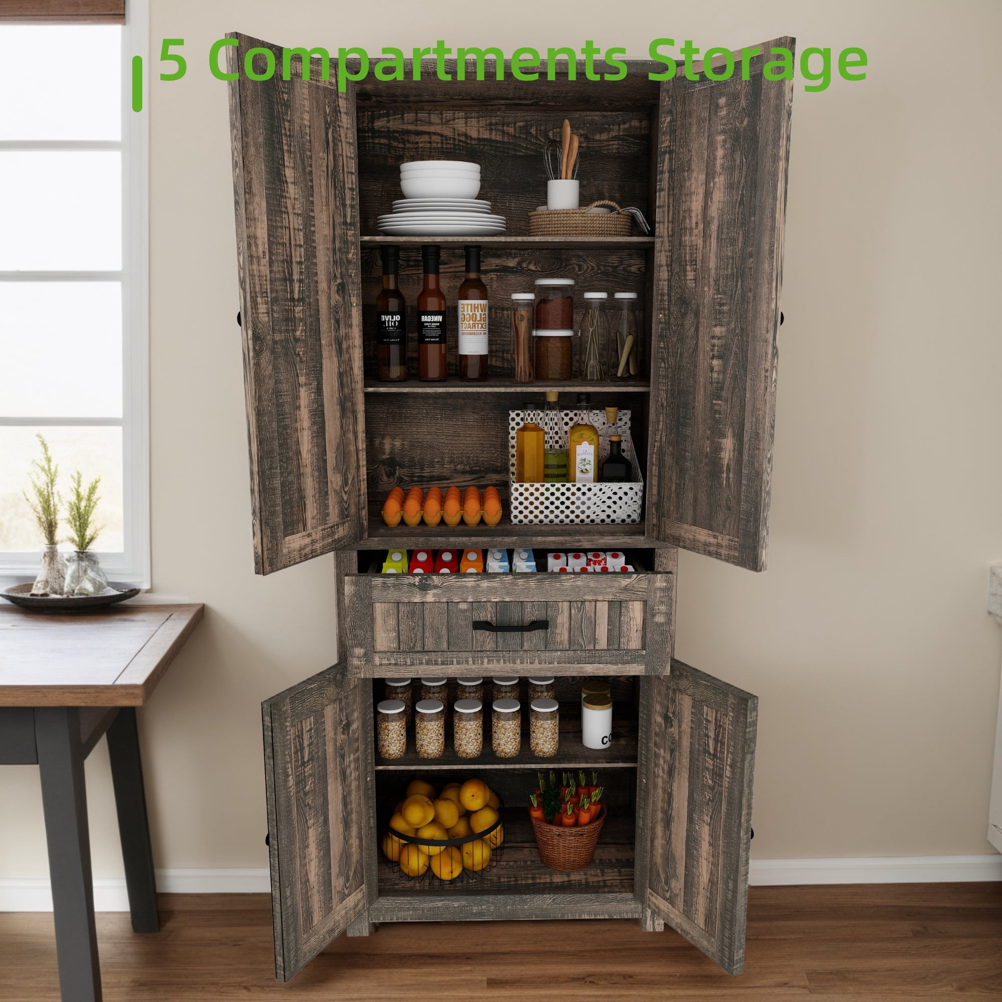 Uforic Kitchen Pantry Storage Cabinet with Doors and Drawer, Dark Oak