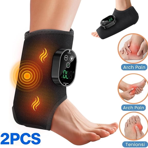 2PCS Foot Massager with Heat & Vibration, 6 Heat Levels & 3 Vibration Modes, Cordless Ankle Brace Wrap Massager, Adjustable Strap for Ankle Calf, Black