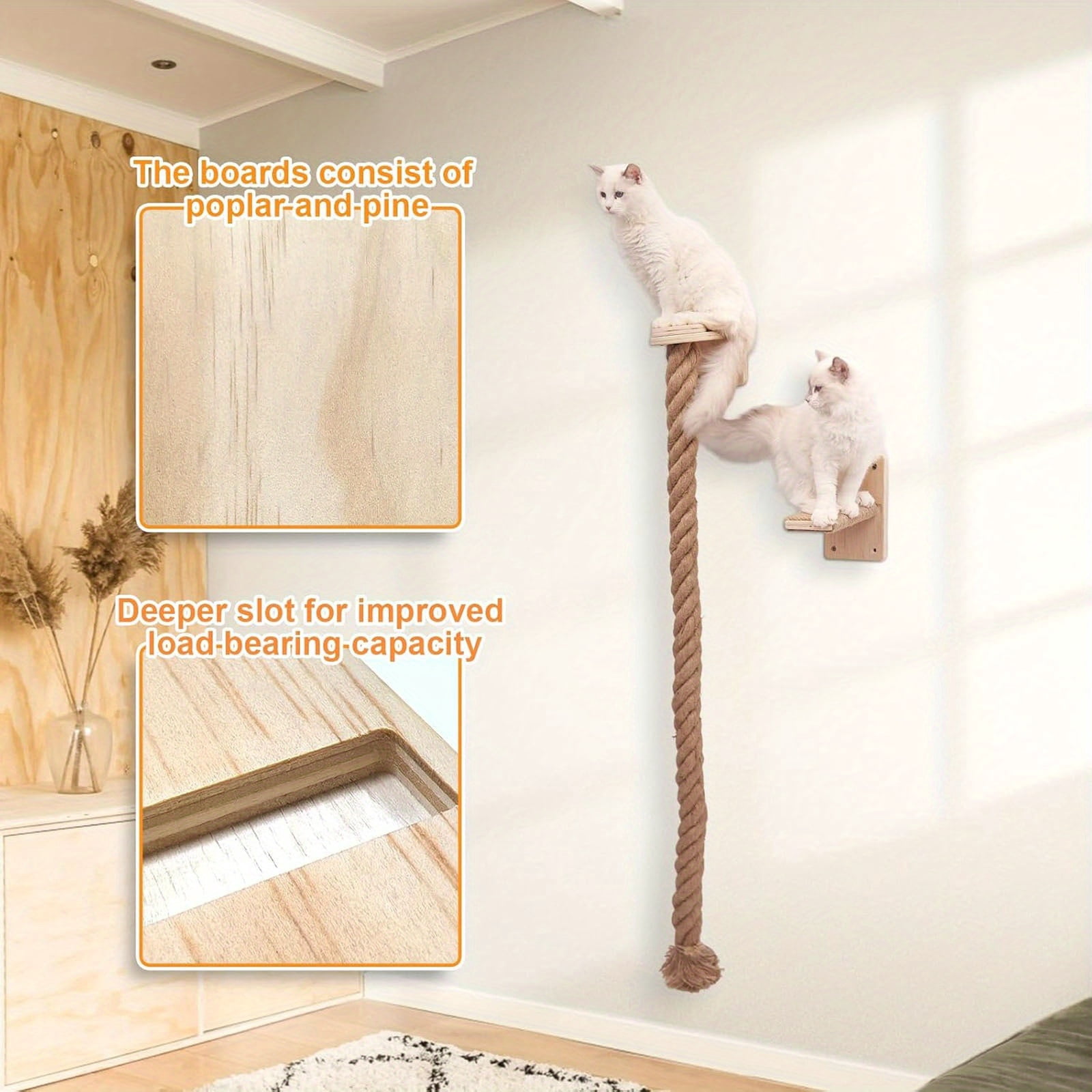 Cat Climbing Rope Wall Mounted, Cat Rope Climber, Space Saving Cat Tree Tower Featuring with Jumping Platform, Cat Tower with Durable Scratching Post, for Playing and Rest Indoor Large Cats