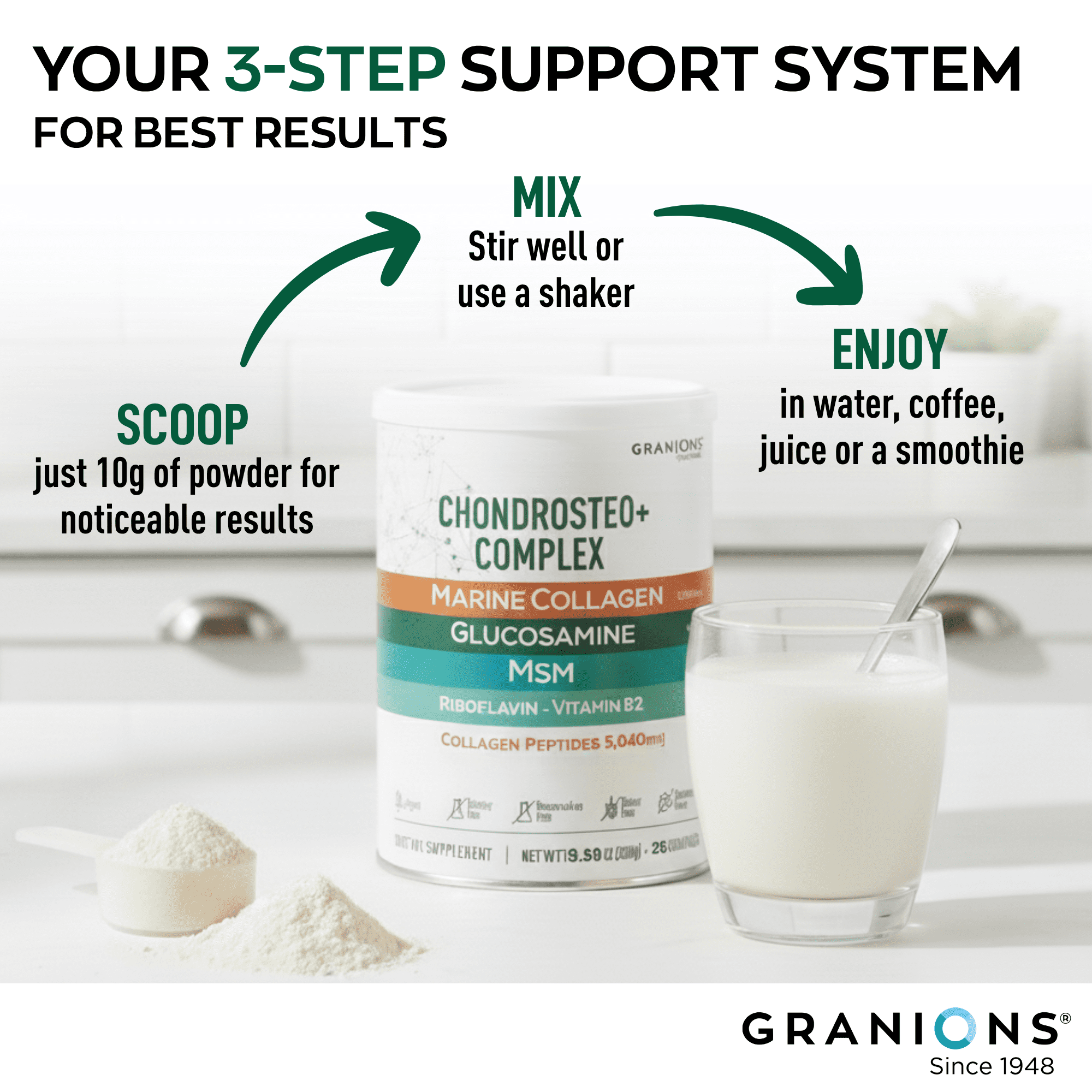 GRANIONS Collagen + Glucosamine Chondroitin MSM Powder, Joint Support, Wild Berries, 9.7 oz