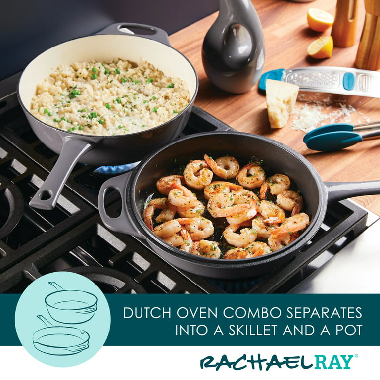 Rachael Ray Enameled Cast Iron 3-in-1 Dutch Oven Skillet Saute Combo, 4  Quart, Gray 