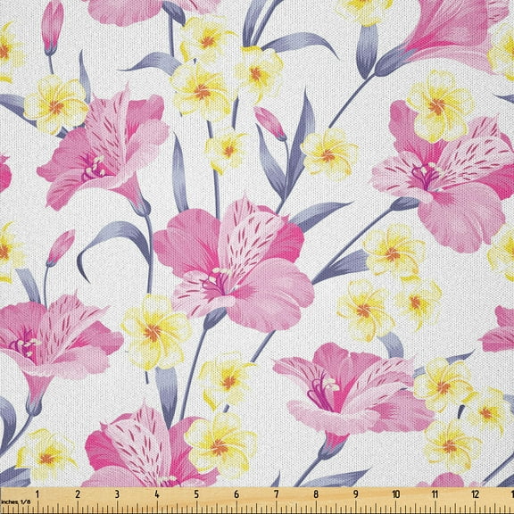 Ambesonne Tropical Fabric by the Yard Microfiber, Plumeria and Pink Hibiscus, 10 Yards, Blue Grey Pale Yellow