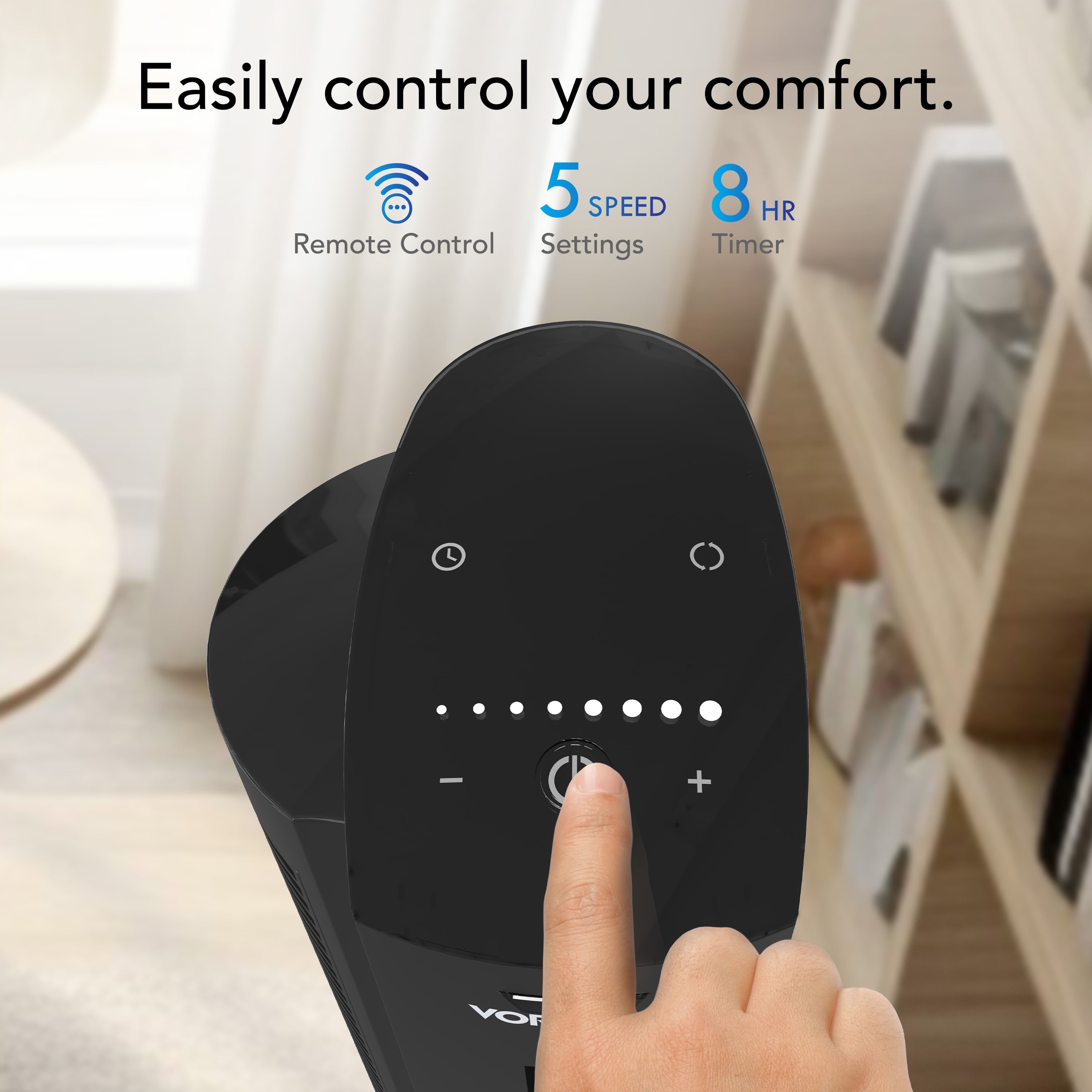 Vornado OZI42 42" Whole Room Tower Fan, Powerful Air Circulation, Space-Saving Design, Quiet Operation, 5 Speed Settings, 1-8 Hour Timer, 70-Degree Oscillation, Remote Control, Black