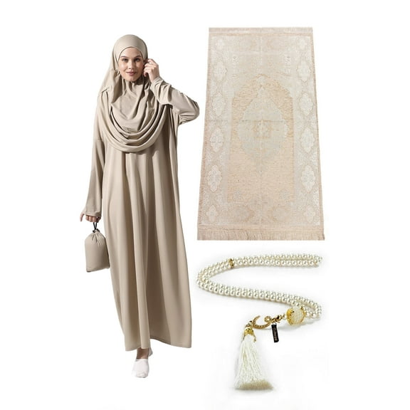Ihvan Online Women’s Islamic Prayer Dress Set, One-Piece Abaya with Hijab and Beads, Mink, Indoor
