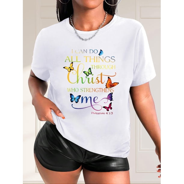Camiseta Para Mujer De Verano Cuello RedondoWomen's Fashion Short Sleeve T-Shirt, With Colorful Gradient Butterfly & Inspirational Quote Print, Casual Round Neck TopFather's Day, Mother's Day, New Y