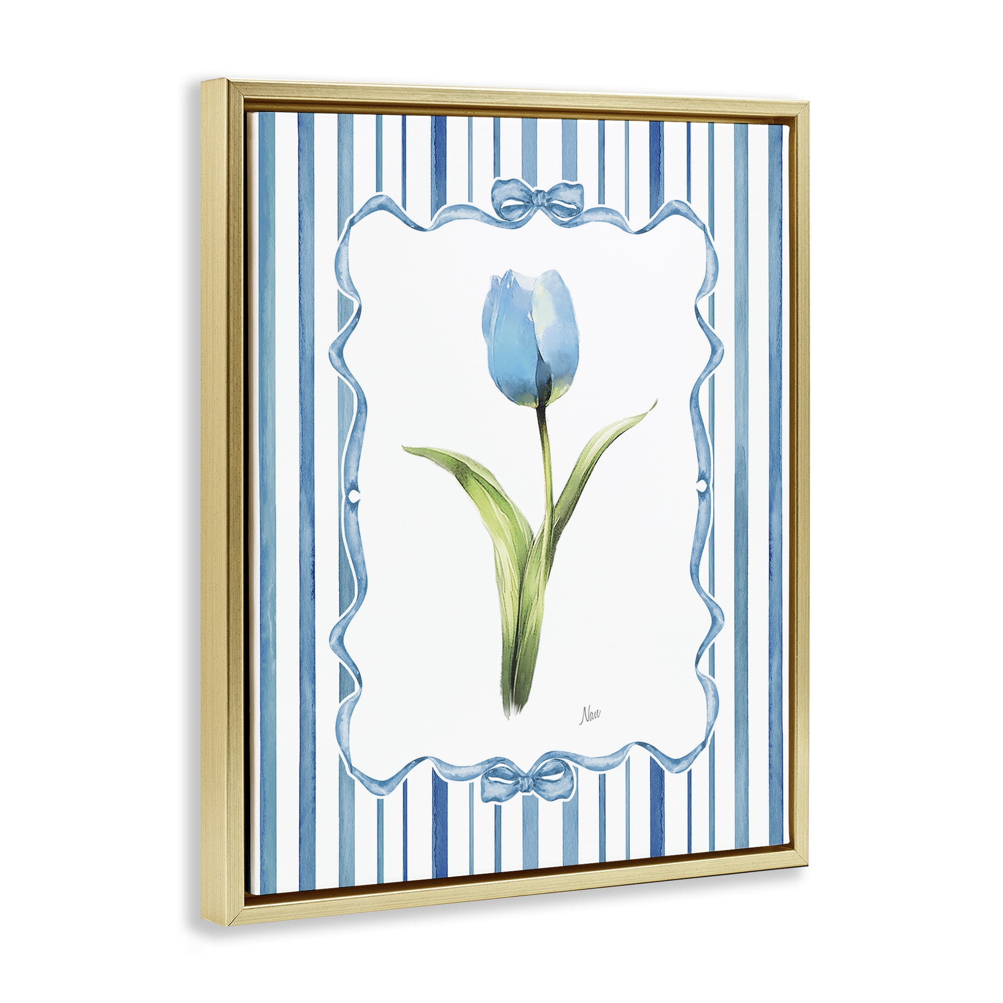 Stupell Industries Single Blue Tulip Stripes Gold Framed Floater Canvas Wall Art, design by Nan