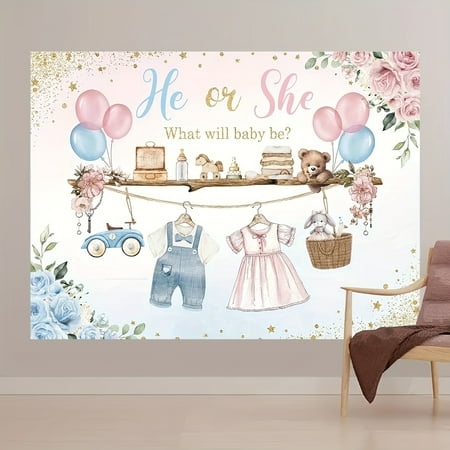 Tea Party Gender Reveal Backdrop Pink and Blue Boy or Girl Clothes Background Pink and Blue Floral Leaves Gender Baby Shower Cake Table Decorations Banner Photo Booth