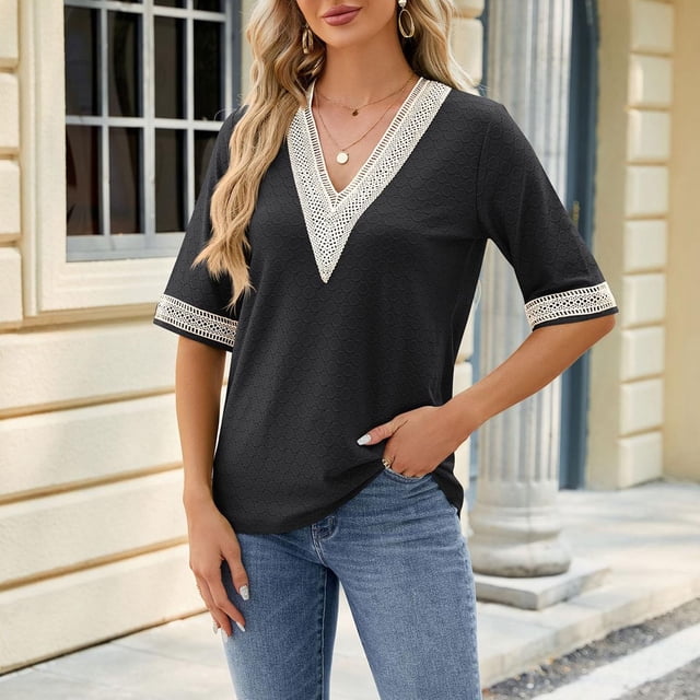 Blouses pour Femmes Mode Décontractée Couleur Unie Manches Courtes Col en V Blouses Chemises