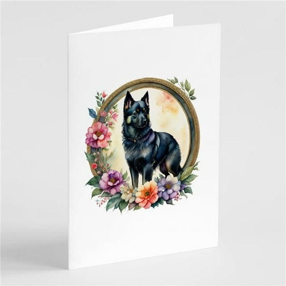 Schipperke and Flowers Greeting Cards and Envelopes Pack of 8 7 in x 5 in