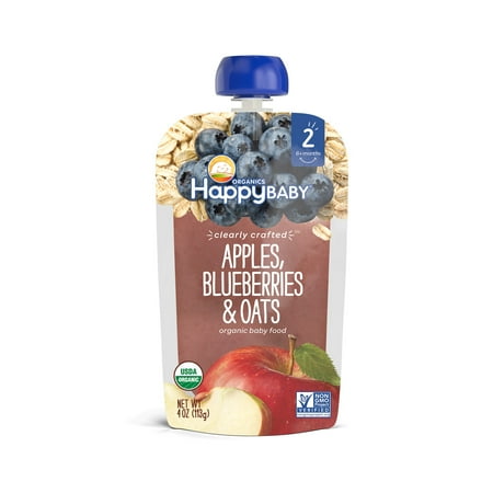 Happy Baby Clearly Crafted, Stage 2, Organic Baby Food, Apples, Blueberries & Oats, 4 Oz Pack Of 8
