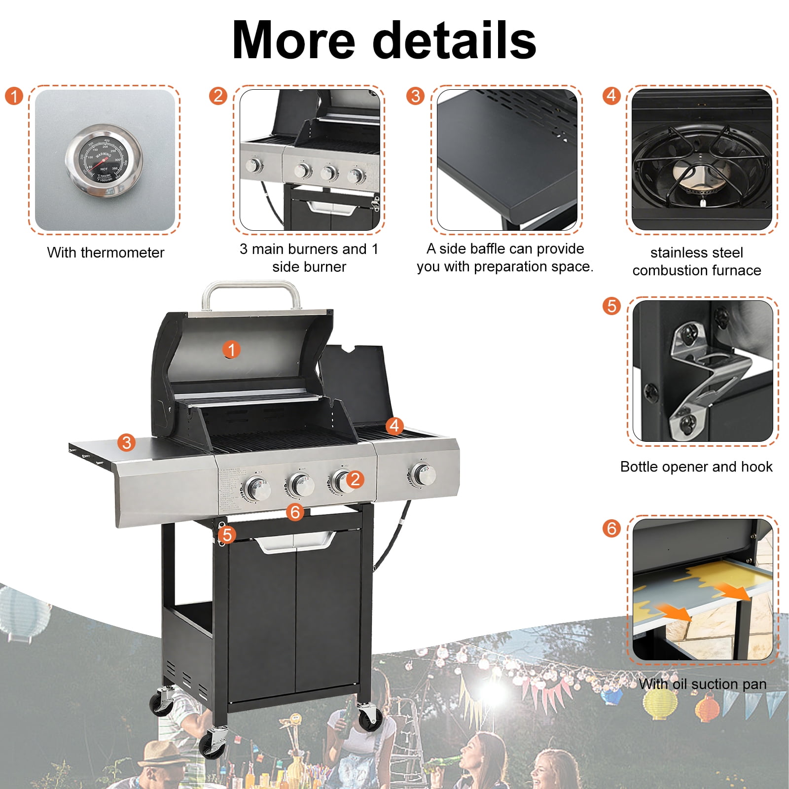 3 Burner Propane gas grill with side burner, Stainless Steel 40,500BTU Barbecue BBQ grills outdoor cooking for Backyard , Cast Iron Grates