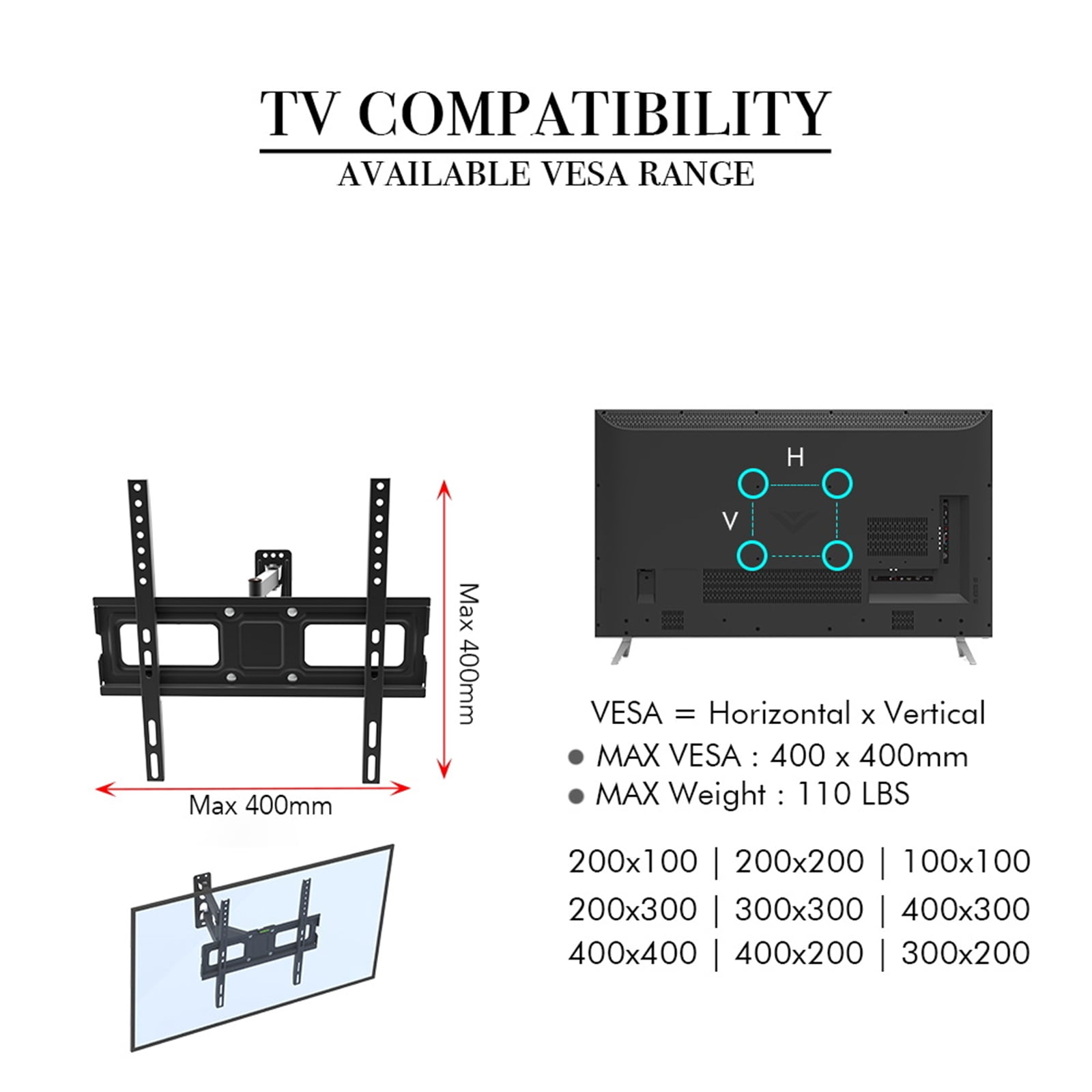 UWR-Nite TV Wall Mount Swivel and Tilt for Most 32-65 Inch TV, TV Mount Perfect Center Design, Full Motion TV Mount Bracket with Articulating Arm up to VESA 400x400mm, 77 lbs