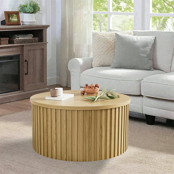 Fluted Round Coffee Table with Storage, 31.5'' Lift Top Coffee Table for Living Room, Natural