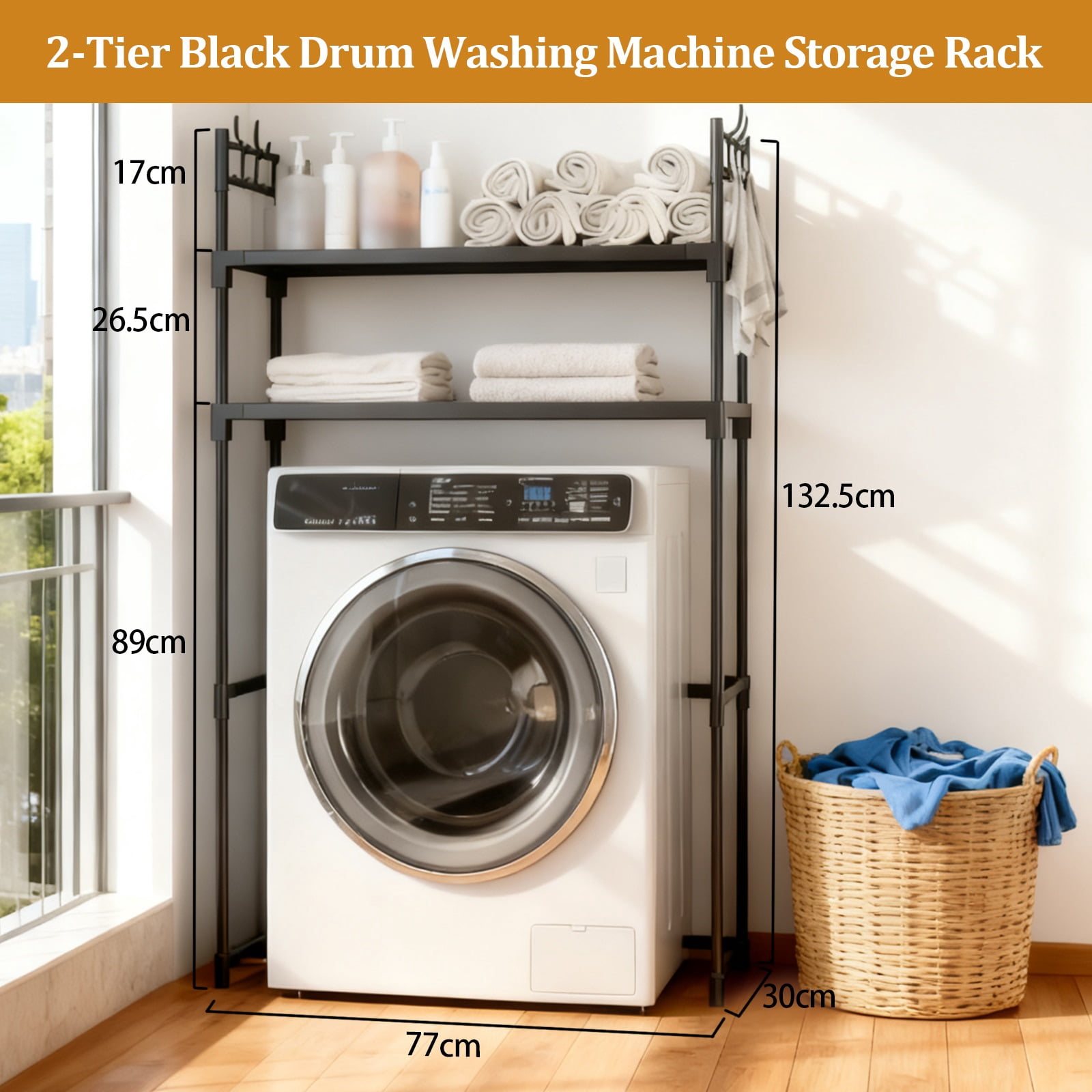 2-Tier Over Washer and Dryer Shelves - Portable Dryer Stand Over Washer with Hooks, Durable Plastic Laundry Organizer for Bathroom/Laundry Room